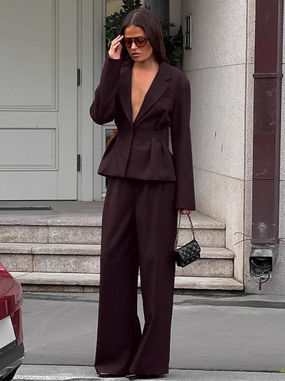 Deep Brown Peplum Blazer Suit For Women - Chic Pleated Waist Slim Fit Wide Leg Pants Set - Spring Office Lady Outfit 2026