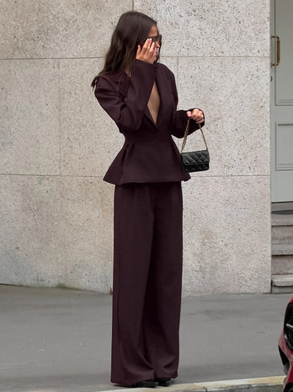 Deep Brown Peplum Blazer Suit For Women - Chic Pleated Waist Slim Fit Wide Leg Pants Set - Spring Office Lady Outfit 2026