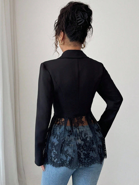 Lace Patchwork Women's Blazer Jacket - Sexy Sheer Hem Slim Fit - Spring Night Out Party Outerwear 2026