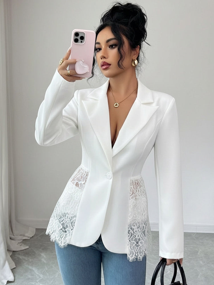 Lace Patchwork Women's Blazer Jacket - Sexy Sheer Hem Slim Fit - Spring Night Out Party Outerwear 2026