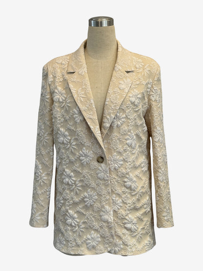 Floral Jacquard Women's Blazer - Elegant 3D Embossed Flower Single Button Regular Fit Jacket - Vintage Chic Spring Wedding Outerwear 2026