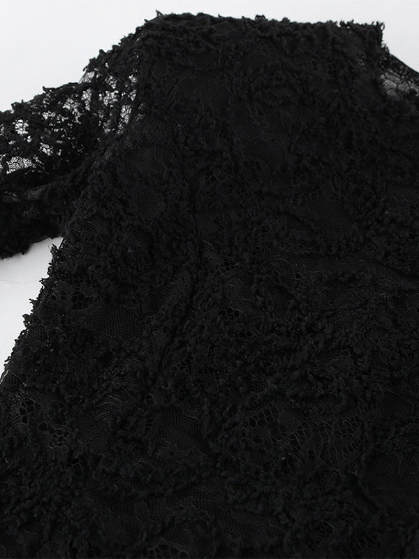 Black Lace Faux Fur Women Mini Dress - Sexy Long Sleeve Sheer Top - Goth Aesthetic Spring Night Out Cocktail Party 2026