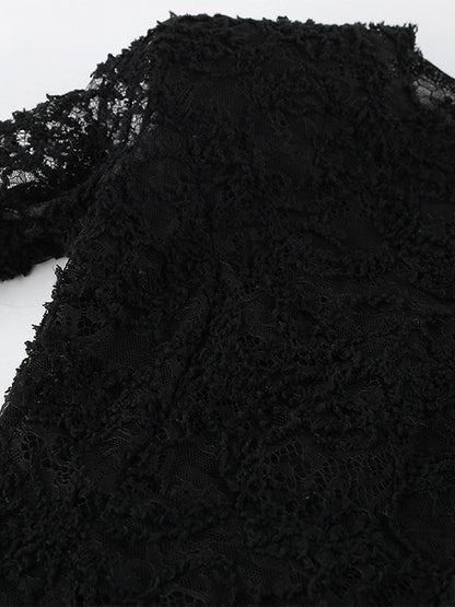 Black Lace Faux Fur Women Mini Dress - Sexy Long Sleeve Sheer Top - Goth Aesthetic Spring Night Out Cocktail Party 2026