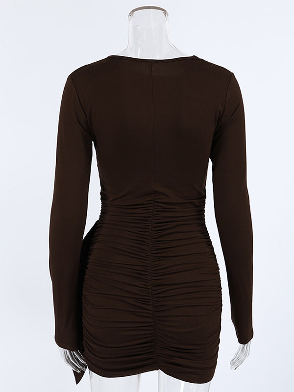 Chic Women's Coffee Bodycon Dress - Sexy Ruched Design Long Sleeve Mini Cut - Minimalist Spring Clubwear 2026