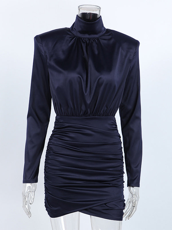 Padded Shoulder Women's Ruched Bodycon Dress - Classy Mock Neck Satin Mini Dress - Quiet Luxury Spring Cocktails Outfit 2026