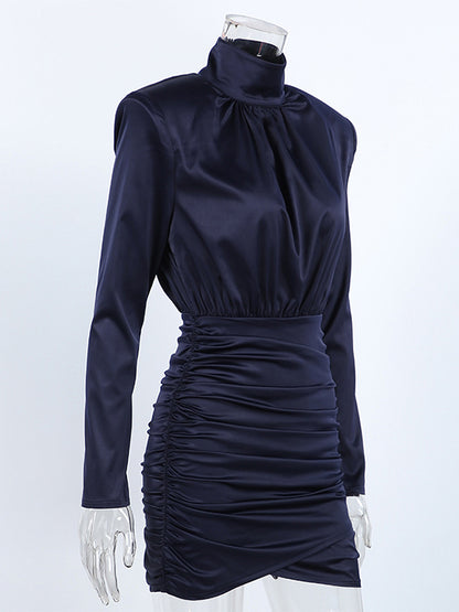 Padded Shoulder Women's Ruched Bodycon Dress - Classy Mock Neck Satin Mini Dress - Quiet Luxury Spring Cocktails Outfit 2026