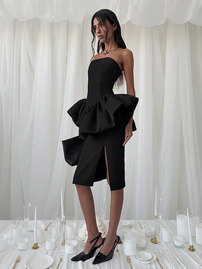 Elegant Women's 2 Piece Set - Vintage Peplum Tube Top & Side Slit Midi Skirt - Chic Summer Party Wear 2026