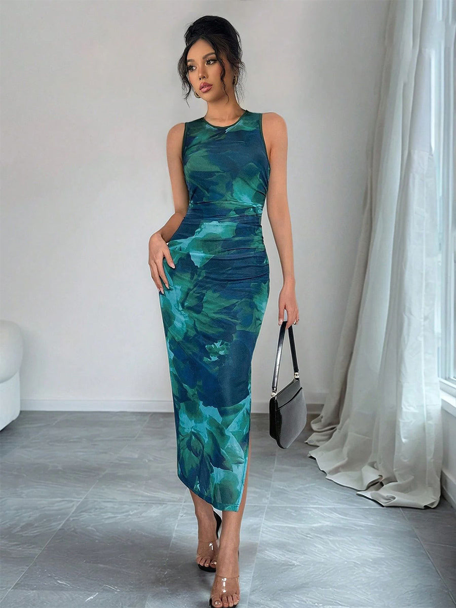 Green Floral Mesh Women Midi Dress - Elegant Ruched Sleeveless Side Slit - Vintage Aesthetic Summer Wedding Guest Dress 2026