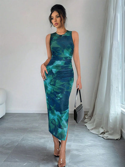 Green Floral Mesh Women Midi Dress - Elegant Ruched Sleeveless Side Slit - Vintage Aesthetic Summer Wedding Guest Dress 2026