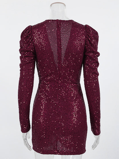 Sparkly Sequin Mini Dress For Women - Sexy Deep V Neck Long Sleeve Ruched Bodycon - Spring Cocktail Party Clubwear 2026