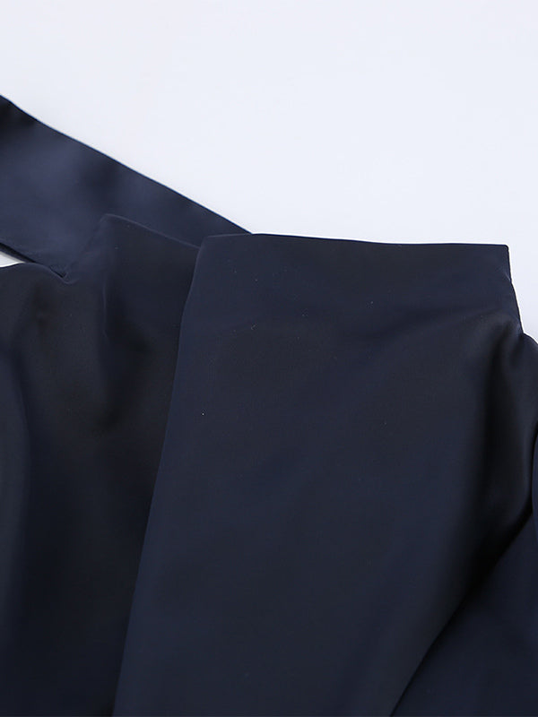 Navy Blue Satin Mini Dress For Women - Elegant Ruched Stand Collar Flare Sleeve - Spring Cocktail Party 2026