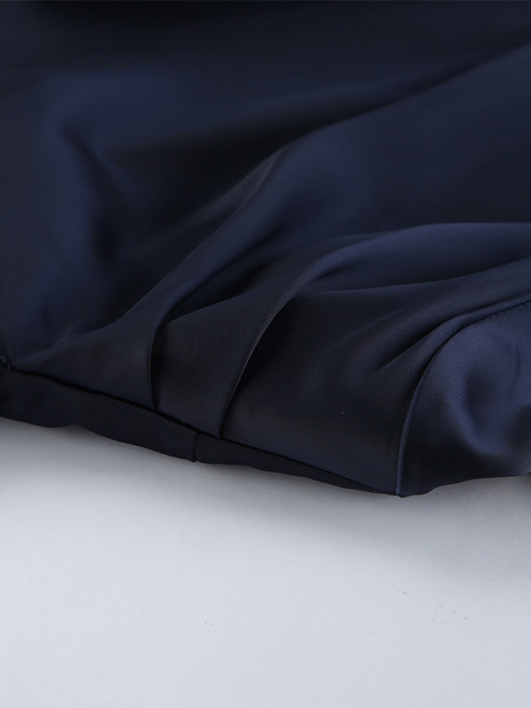Navy Blue Satin Mini Dress For Women - Elegant Ruched Stand Collar Flare Sleeve - Spring Cocktail Party 2026