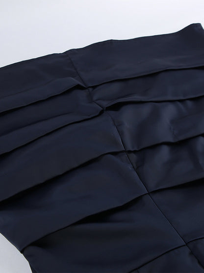Navy Blue Satin Mini Dress For Women - Elegant Ruched Stand Collar Flare Sleeve - Spring Cocktail Party 2026