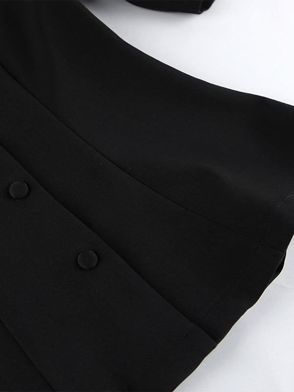 Sophisticated French Style Co-ord Set Women - Puff Sleeve Notch Collar Top Black Wide Leg Pants - Summer Workwear 2026