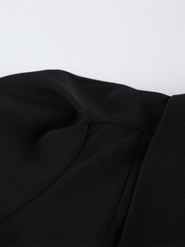 Sophisticated French Style Co-ord Set Women - Puff Sleeve Notch Collar Top Black Wide Leg Pants - Summer Workwear 2026