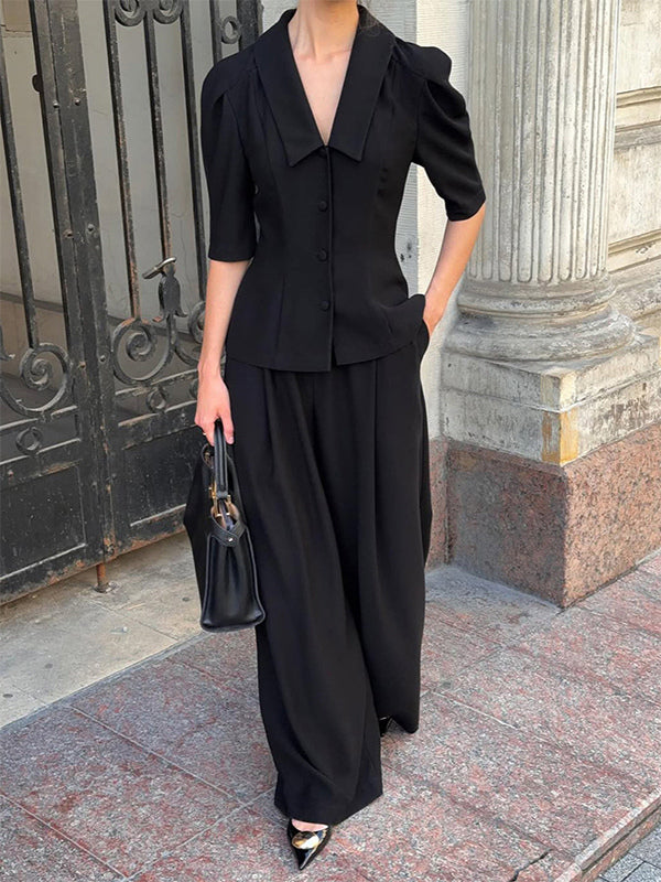 Sophisticated French Style Co-ord Set Women - Puff Sleeve Notch Collar Top Black Wide Leg Pants - Summer Workwear 2026