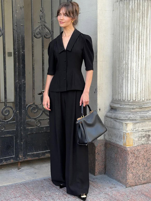 Sophisticated French Style Co-ord Set Women - Puff Sleeve Notch Collar Top Black Wide Leg Pants - Summer Workwear 2026