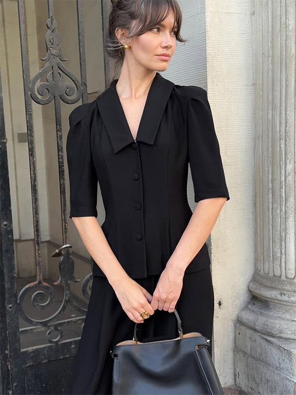 Sophisticated French Style Co-ord Set Women - Puff Sleeve Notch Collar Top Black Wide Leg Pants - Summer Workwear 2026