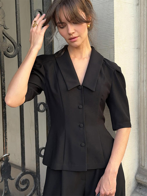 Sophisticated French Style Co-ord Set Women - Puff Sleeve Notch Collar Top Black Wide Leg Pants - Summer Workwear 2026