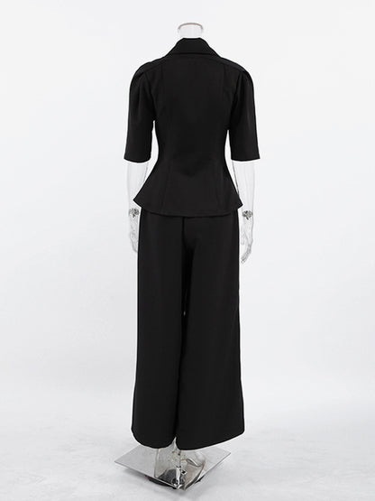 Sophisticated French Style Co-ord Set Women - Puff Sleeve Notch Collar Top Black Wide Leg Pants - Summer Workwear 2026