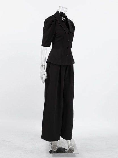Sophisticated French Style Co-ord Set Women - Puff Sleeve Notch Collar Top Black Wide Leg Pants - Summer Workwear 2026