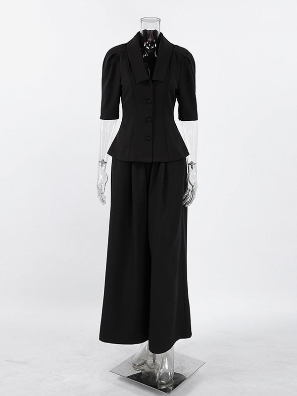 Sophisticated French Style Co-ord Set Women - Puff Sleeve Notch Collar Top Black Wide Leg Pants - Summer Workwear 2026