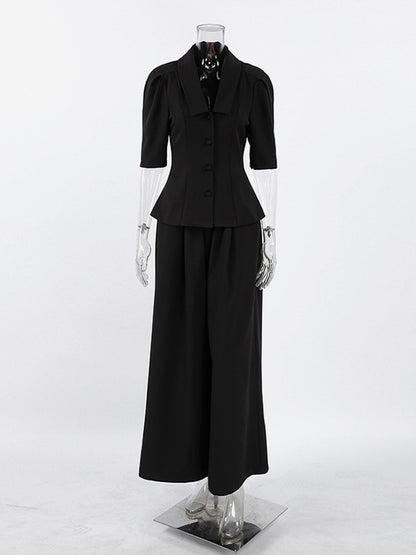 Sophisticated French Style Co-ord Set Women - Puff Sleeve Notch Collar Top Black Wide Leg Pants - Summer Workwear 2026