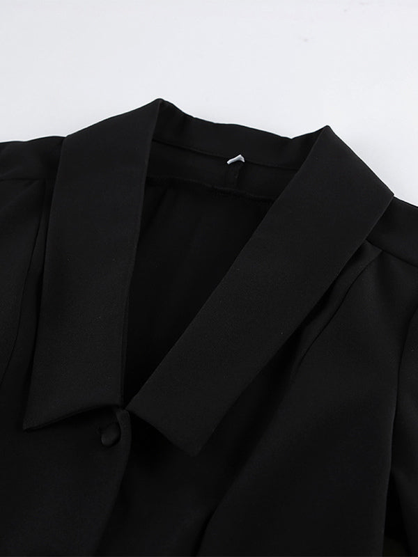 Sophisticated French Style Co-ord Set Women - Puff Sleeve Notch Collar Top Black Wide Leg Pants - Summer Workwear 2026