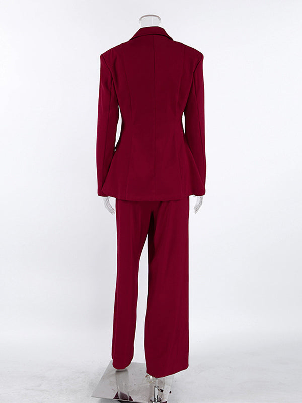 Classy Power Suit Women Office Set - Wine Red Chic Notch Lapel Gold Button Wide Leg Pants - Spring Business Party 2026