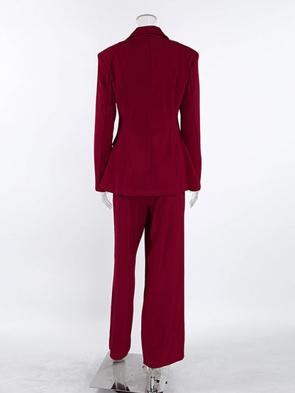 Classy Power Suit Women Office Set - Wine Red Chic Notch Lapel Gold Button Wide Leg Pants - Spring Business Party 2026