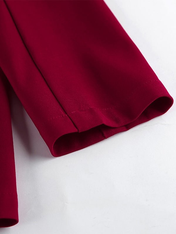 Classy Power Suit Women Office Set - Wine Red Chic Notch Lapel Gold Button Wide Leg Pants - Spring Business Party 2026