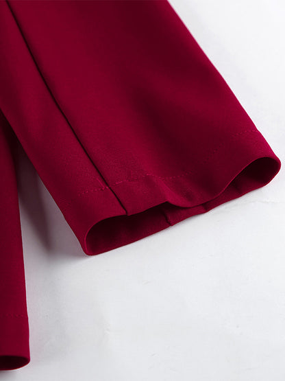 Classy Power Suit Women Office Set - Wine Red Chic Notch Lapel Gold Button Wide Leg Pants - Spring Business Party 2026