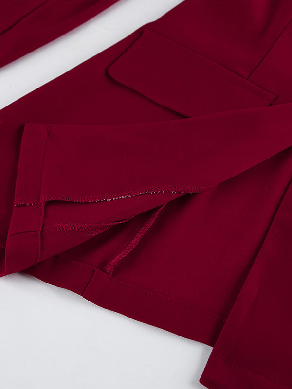 Classy Power Suit Women Office Set - Wine Red Chic Notch Lapel Gold Button Wide Leg Pants - Spring Business Party 2026