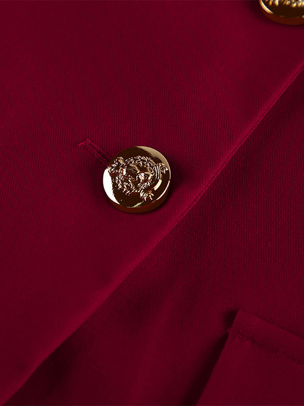 Classy Power Suit Women Office Set - Wine Red Chic Notch Lapel Gold Button Wide Leg Pants - Spring Business Party 2026