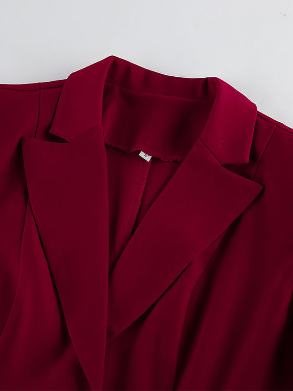 Classy Power Suit Women Office Set - Wine Red Chic Notch Lapel Gold Button Wide Leg Pants - Spring Business Party 2026