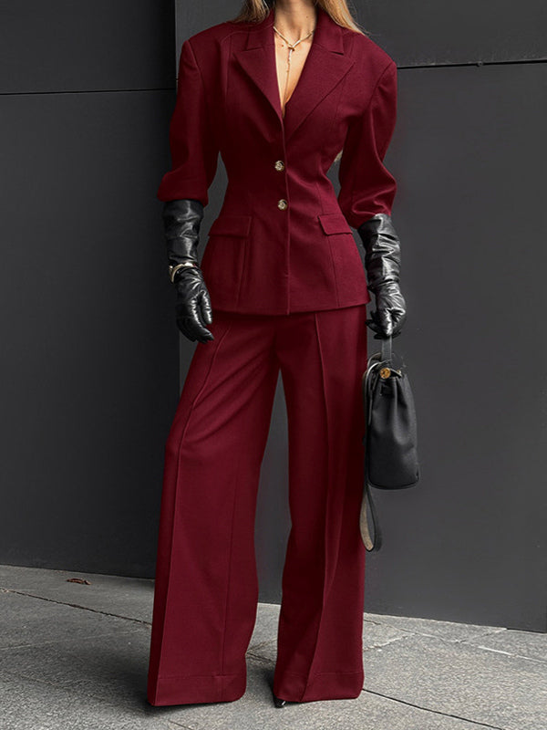 Classy Power Suit Women Office Set - Wine Red Chic Notch Lapel Gold Button Wide Leg Pants - Spring Business Party 2026