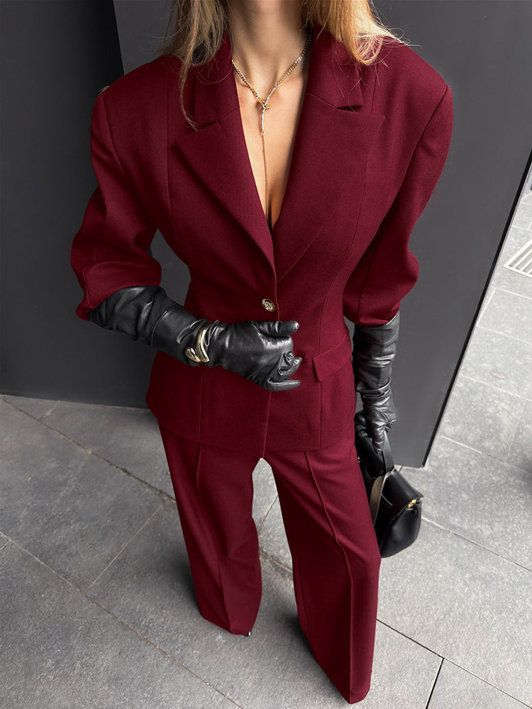 Classy Power Suit Women Office Set - Wine Red Chic Notch Lapel Gold Button Wide Leg Pants - Spring Business Party 2026