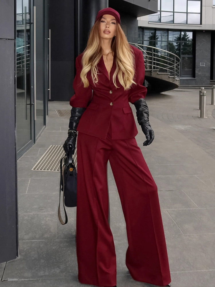 Classy Power Suit Women Office Set - Wine Red Chic Notch Lapel Gold Button Wide Leg Pants - Spring Business Party 2026