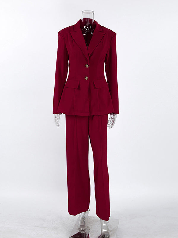 Classy Power Suit Women Office Set - Wine Red Chic Notch Lapel Gold Button Wide Leg Pants - Spring Business Party 2026