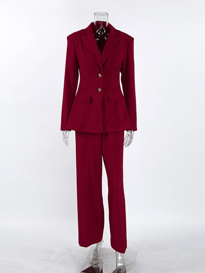 Classy Power Suit Women Office Set - Wine Red Chic Notch Lapel Gold Button Wide Leg Pants - Spring Business Party 2026