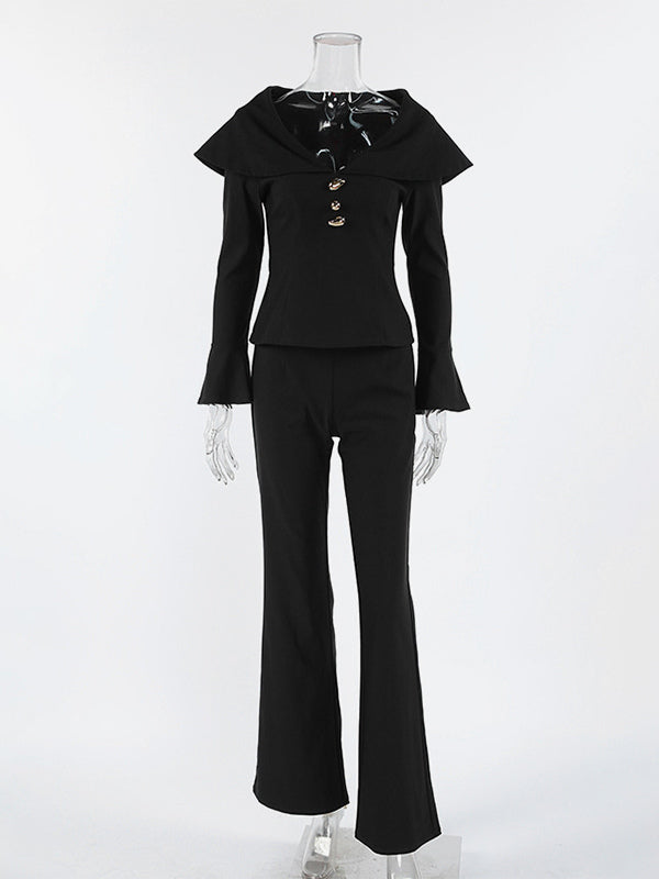 Elegant Two Piece Set Women Trouser Suit - Vintage Large Collar Gold Button Bell Sleeve - Spring Gala Evening Outfit 2026