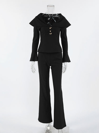 Elegant Two Piece Set Women Trouser Suit - Vintage Large Collar Gold Button Bell Sleeve - Spring Gala Evening Outfit 2026