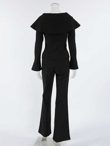 Elegant Two Piece Set Women Trouser Suit - Vintage Large Collar Gold Button Bell Sleeve - Spring Gala Evening Outfit 2026