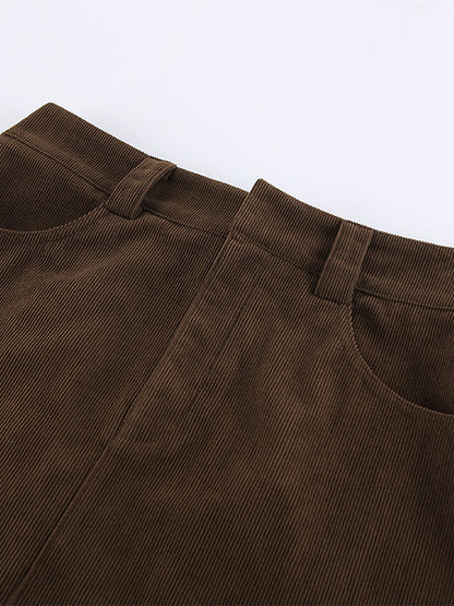 Brown Corduroy Women Mini Skirt - Retro High Waisted Slim Fit A-Line - Spring Casual Streetwear 2026