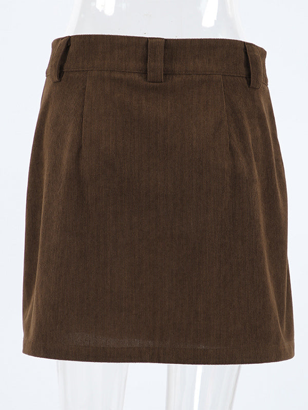 Brown Corduroy Women Mini Skirt - Retro High Waisted Slim Fit A-Line - Spring Casual Streetwear 2026