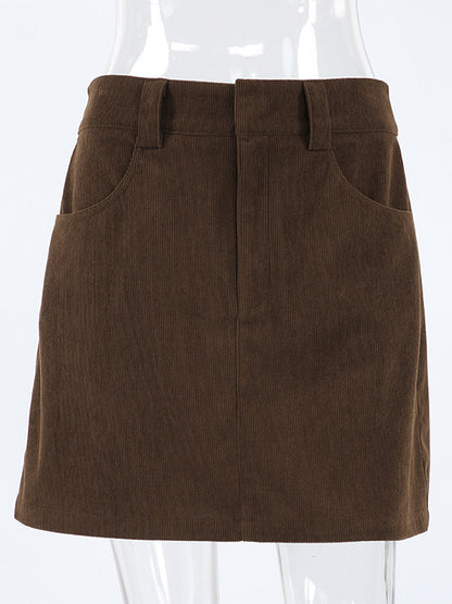 Brown Corduroy Women Mini Skirt - Retro High Waisted Slim Fit A-Line - Spring Casual Streetwear 2026
