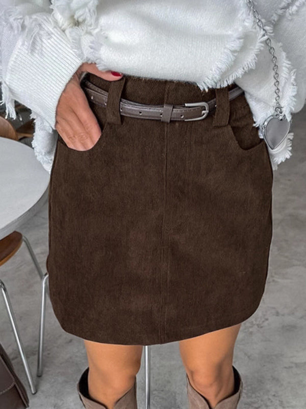 Brown Corduroy Women Mini Skirt - Retro High Waisted Slim Fit A-Line - Spring Casual Streetwear 2026