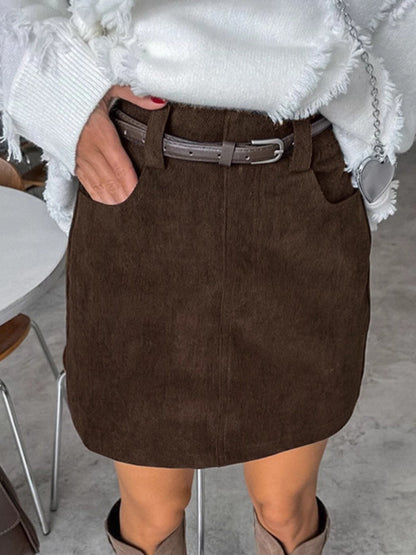 Brown Corduroy Women Mini Skirt - Retro High Waisted Slim Fit A-Line - Spring Casual Streetwear 2026