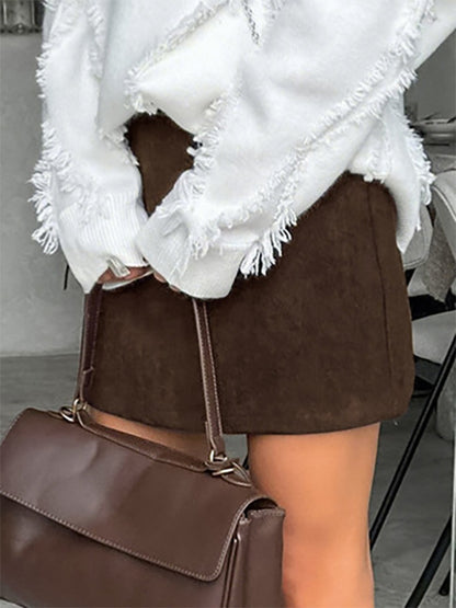 Brown Corduroy Women Mini Skirt - Retro High Waisted Slim Fit A-Line - Spring Casual Streetwear 2026