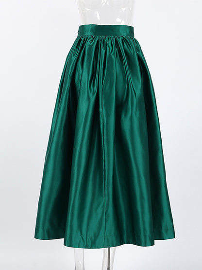 Satin High Waist Women Maxi Skirt - Elegant Pleated Full Swing - Royal Core Wedding Guest Party Skirt 2026